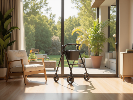 康养外骨骼应用场景,显示老年人辅助行走,温暖科技背景