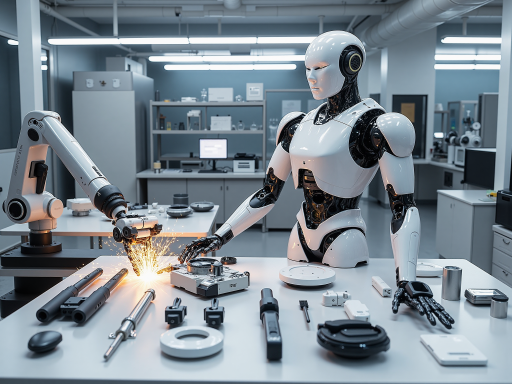 具身机器人应用场景,显示人形机器人在工厂环境中执行任务,金属质感背景